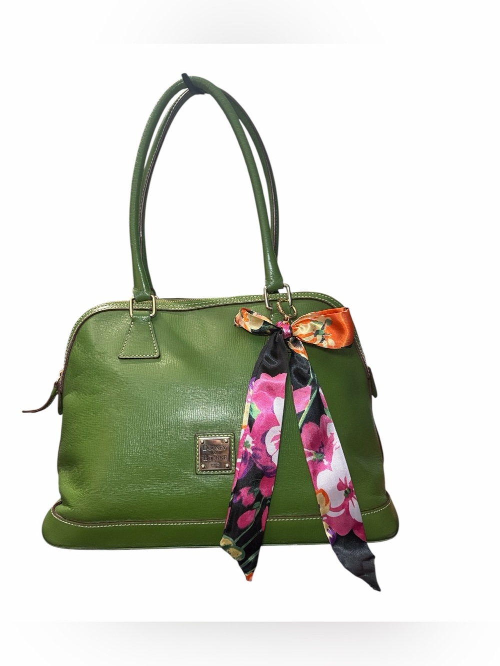 Dooney & Bourke Green Leather Tote with Floral Scarf Accent
